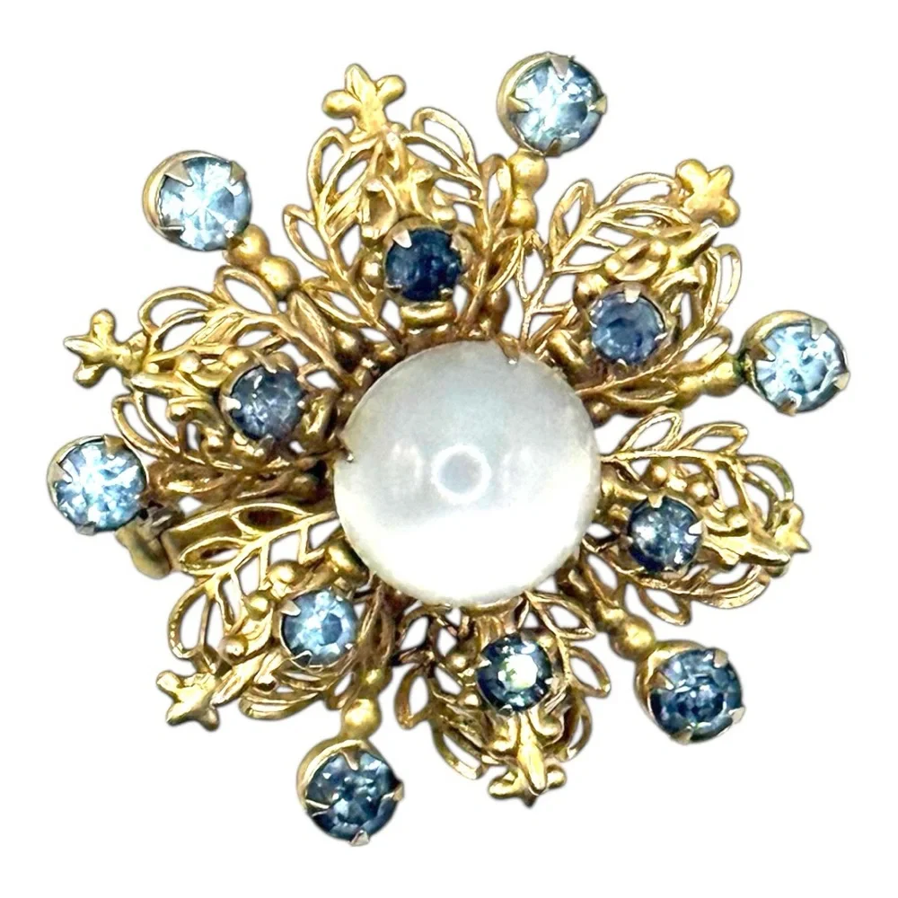 Gold Tone Filigree and Blue Crystals and faux pearl Brooch